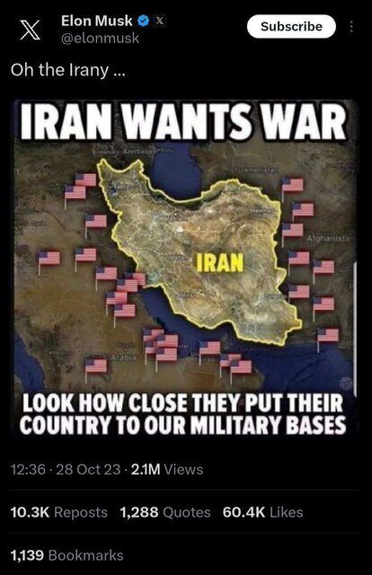 ایلان ماسک: ایران جنگ طلب است! + عکس