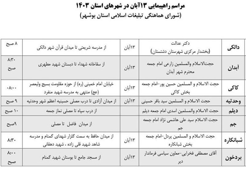 اعلام مسیر راهپیمایی در شهر‌های استان بوشهر + جدول