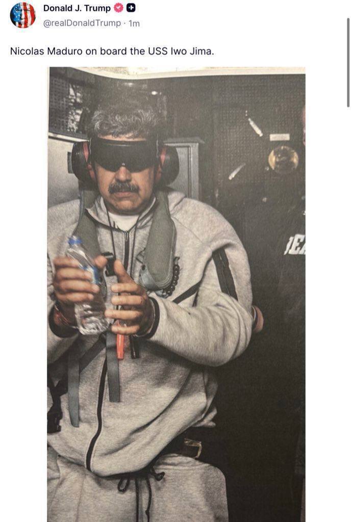 عکس/ دو تصویر منتشر شده از مادورو بعد از بازداشت؛ یک عکس را ترامپ خودش منتشر کرد