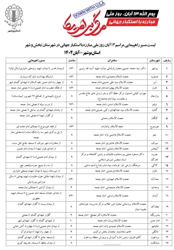 جزئیات راهپیمایی ۱۳ آبان در استان بوشهر اعلام شد + جدول جزئیات راهپیمایی ۱۳ آبان در استان بوشهر اعلام شد + جدول