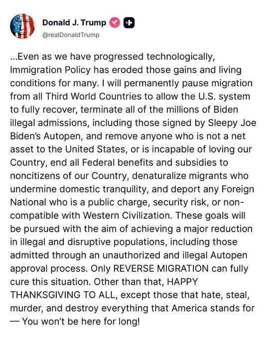 ترامپ: مهاجرت از همه کشور‌های جهان سوم به آمریکا را به طور دائمی متوقف می‌کنم/ میلیون‌ها اقامت را باطل خواهم کرد/ گرین‌کارت‌های شهروندان ۱۹ کشور از جمله ایران بازنگری می شود